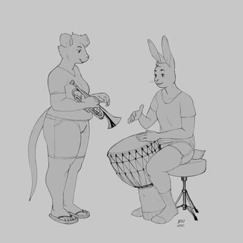 personal art of two characters playing musical instruments